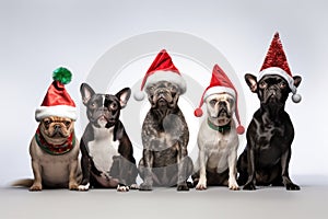 Group of chihuahua dogs in christmas hats on white background, A group of dogs, adorned with Christmas hats, stands against an