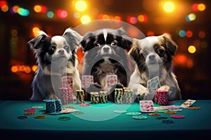 Group of chihuahua playing poker with chips on the table, Tibetan Spaniel puppies playing poker in vegas. All colorful glittering