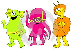 A group of childish characters that look like monsters and friendly aliens