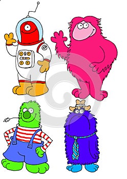 A group of childish characters that look like monsters and friendly aliens