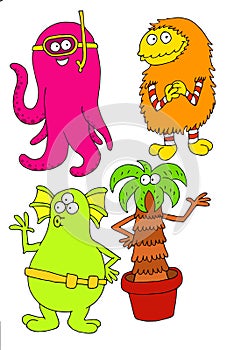 A group of childish characters that look like monsters and friendly aliens