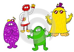 A group of childish characters that look like monsters and friendly aliens