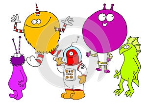 A group of childish characters that look like monsters and friendly aliens