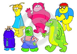 A group of childish characters that look like monsters and friendly aliens