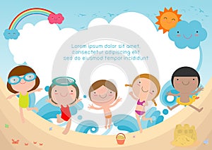 Group of children on the beach, Happy kids jumping on the beach, child having fun on the beautiful beach,Template for advertising