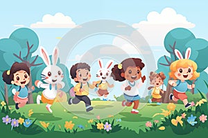 Group of children and bunny running to pick up eggs on easter egg hunt. cartoon illustration. By generative Ai