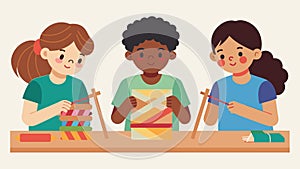 A group of children carefully weaving colorful yarn onto cardboard looms to create beautiful bookmarks while discussing photo