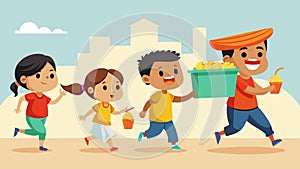 A group of children chasing after a vendor begging for another serving of elote after devouring their first.. Vector photo