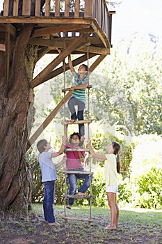 Group Of Children Climbing Rope Ladder To Treehouse photo