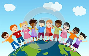 Earth globe with group of multiethnic and diverse children standing together and embracing each other. Community. Multicultural ki photo
