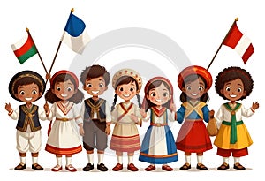 a group of children with different outfits and national flags of different countries