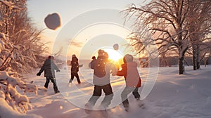 Group of children doing snowball fight, having fun outdoors in winter countryside.