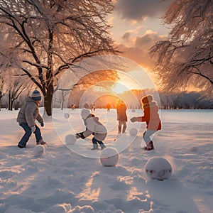 Group of children doing snowball fight, having fun outdoors in winter countryside.