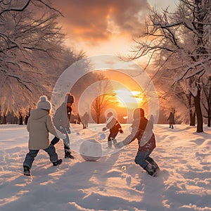 Group of children doing snowball fight, having fun outdoors in winter countryside.