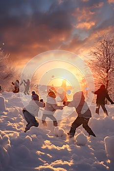 Group of children doing snowball fight, having fun outdoors in winter countryside.