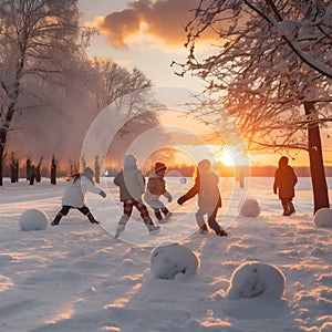 Group of children doing snowball fight, having fun outdoors in winter countryside.