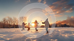 Group of children doing snowball fight, having fun outdoors.