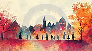 Group of Children Dressed as Witches and Vampires in Autumn Scene photo