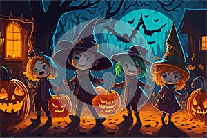 A group of children dressed in vibrant costumes, happily trick-or-treating through a whimsical neighborhood. Jack-o