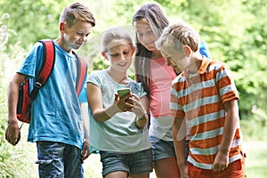 Group Of Children Geocaching Using Mobile Phone In Forest