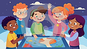 A group of children giggle and point as they explore a interactive exhibit on the creation story.. Vector illustration. photo