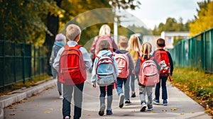 group of children go to school with backpacks back view generative ai