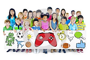 Group of Children Holding Board with Activities Symbol photo