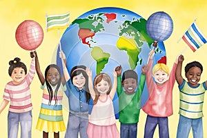 A group of children holding flags and a globe. AI generative image
