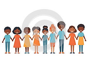 a group of children holding hands againts white background
