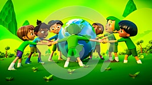 Group of children holding hands around globe. Generative AI