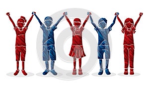 Group of children holding hands cartoon graphic