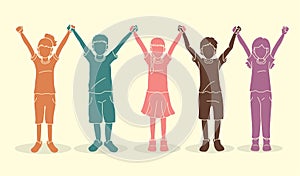 Group of children holding hands cartoon graphic