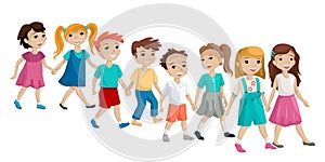 The group of children holding hands and cross the road. Vector isolated cartoon illustration on white background