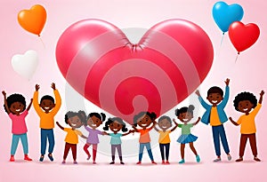 a group of children holding heart balloons with a heart in the background