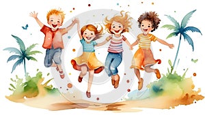 A group of children are jumping in the air and smiling. The image has a happy and playful mood