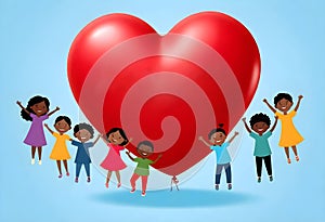 a group of children jumping in front of the heart ballon with happy and smiley face