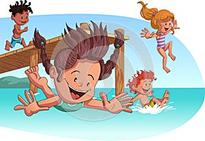 Group of children jumping from wooden pier into the water.