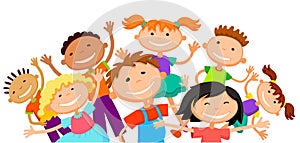 Group of children kids are jumping joyful white background bunner cartoon funny vector character. illustration
