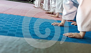 Group of children in kimono pushing-ups from the tatami on martial arts training