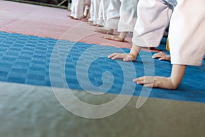 Group of children in kimono pushing-ups from the tatami on martial arts training