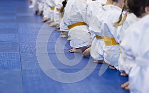 Group of children in kimono sitting on tatami