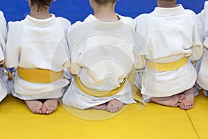 Group of children in kimono sitting on tatami on martial arts training seminar