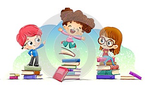 Group of children with many books photo