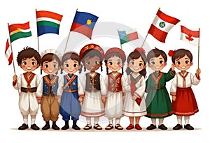 a group of children with national flags and traditional costumes from all arround the world photo