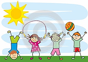 Group of children on playground, sports activity, sky and sun, design,eps.