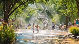 A group of children are playing in a fountain in a park AIG41