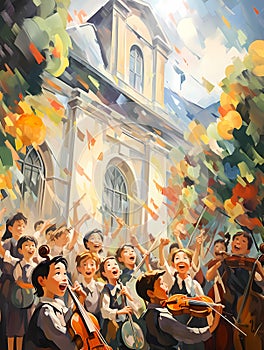 Group Of Children Playing Instruments Outside A Church