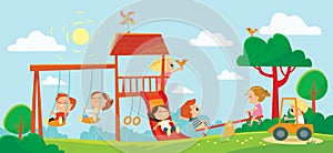 Group of children playing on playground. Summer activities