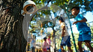 A group of children playing on a playground with a surveillance camera positioned on a nearby tree.