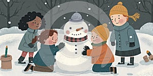 group of children playing in the snow, building a snowman in a park on a winter day.